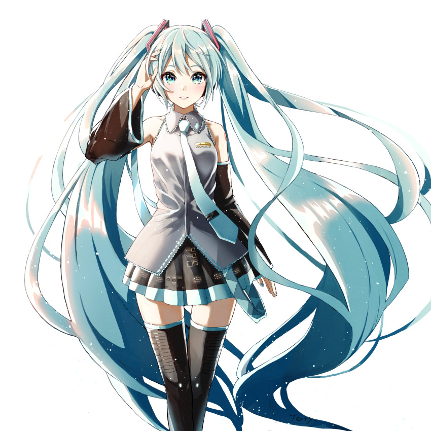 1girl aqua_eyes aqua_hair aqua_necktie arm_up bare_shoulders black_skirt black_sleeves black_thighhighs blush collared_shirt detached_sleeves grey_shirt hair_between_eyes hair_ornament hand_in_own_hair hatsune_miku highres long_hair looking_at_viewer necktie number_tattoo pleated_skirt shirt simple_background skirt smile standing tattoo thigh-highs twintails user_gnkj2237_teri very_long_hair vocaloid white_background