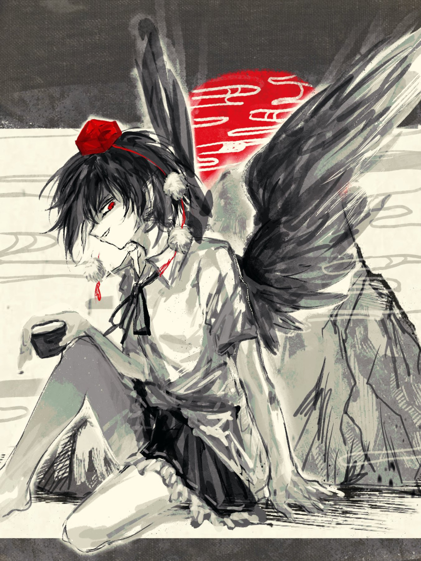 1girl bird_wings collared_shirt commentary cup feathered_wings frilled_skirt frills full_body goushen0309 greyscale grin hat highres holding holding_cup looking_at_viewer monochrome neck_ribbon pointy_ears pom_pom_(clothes) profile red_eyes ribbon shaded_face shameimaru_aya shirt short_bangs short_hair short_sleeves sitting skirt smile solo spot_color sun tokin_hat touhou wings