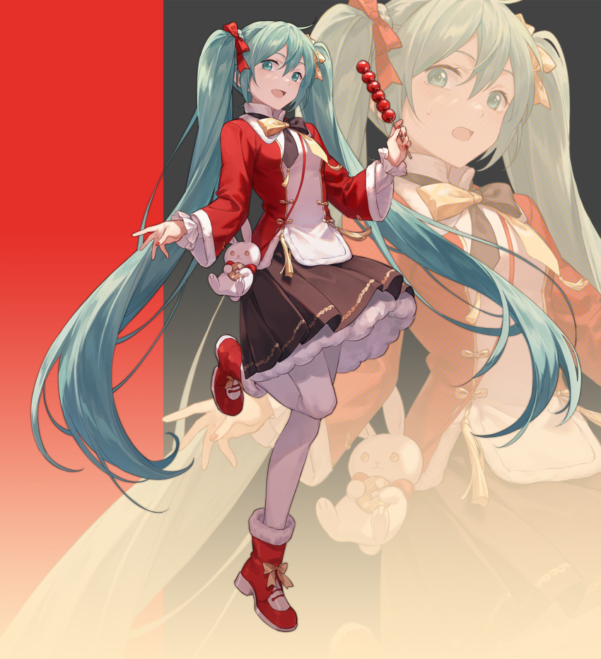 1girl aqua_eyes aqua_hair bingdu_3927 black_bow black_bowtie black_skirt bow bowtie chinese_clothes commentary food frilled_sleeves frills full_body hair_between_eyes hair_bow hair_ribbon hatsune_miku highres holding holding_food leg_up long_hair looking_at_viewer looking_to_the_side nervous open_mouth pantyhose pleated_skirt rabbit red_background red_bow red_footwear red_nails red_ribbon red_shirt ribbon shirt shoes skirt smile solo standing standing_on_one_leg stuffed_animal stuffed_toy sweatdrop tassel twintails very_long_hair vocaloid white_pantyhose white_shirt wide_sleeves yellow_bow yellow_bowtie yellow_ribbon zoom_layer