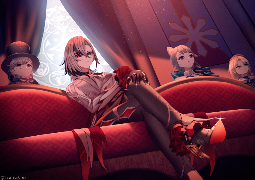 2boys 2girls absurdres animal_ears arlecchino_(genshin_impact) black_footwear black_pants blonde_hair blue_eyes cat_ears cat_girl closed_mouth commentary couch crossed_legs freminet_(genshin_impact) frilled_sleeves frills genshin_impact grey_hair grey_jacket high_heels highres jacket light_brown_hair long_hair long_sleeves lynette_(genshin_impact) lyney_(genshin_impact) multiple_boys multiple_girls on_couch pants rayleigh_scale short_hair sitting symbol-shaped_pupils violet_eyes x-shaped_pupils