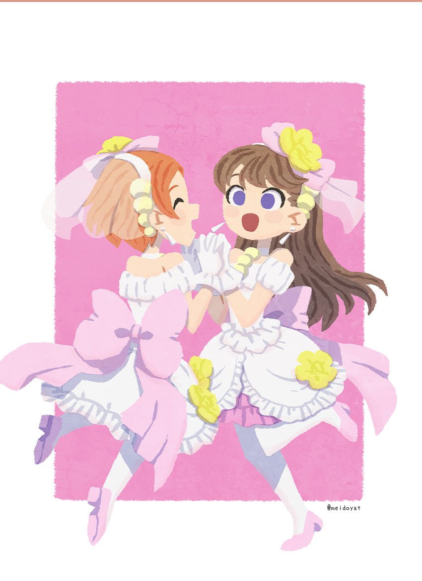 2girls :d ^_^ back_bow border bow bow_hairband brown_hair choker closed_eyes commentary_request cosplay dress dress_flower earrings facing_another flower fujishima_megumi hairband high_heels highres holding_hands hoshizora_rin in-franchise_crossover interlocked_fingers jewelry leg_up link!_like!_love_live! long_hair looking_at_another love_live! love_live!_school_idol_project love_wing_bell matching_outfits meidosan multiple_girls off-shoulder_dress off_shoulder open_mouth orange_hair pantyhose pink_background pink_bow pink_dress pink_footwear short_hair smile standing standing_on_one_leg violet_eyes white_border white_choker white_dress white_hairband white_pantyhose yellow_flower