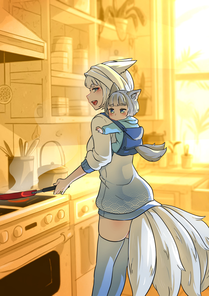 absurdres animal_ears azur_lane baby babywearing blue_eyes blue_sweater blue_thighhighs commission cooking coolguy6267_(pixiv_85495222) fox_ears fox_tail gradient_sweater highres kaga_(azur_lane) kitchen kitsune mother_and_son multiple_tails open_mouth stove sweater tail teeth thigh-highs upper_teeth_only white_hair white_sweater white_tail
