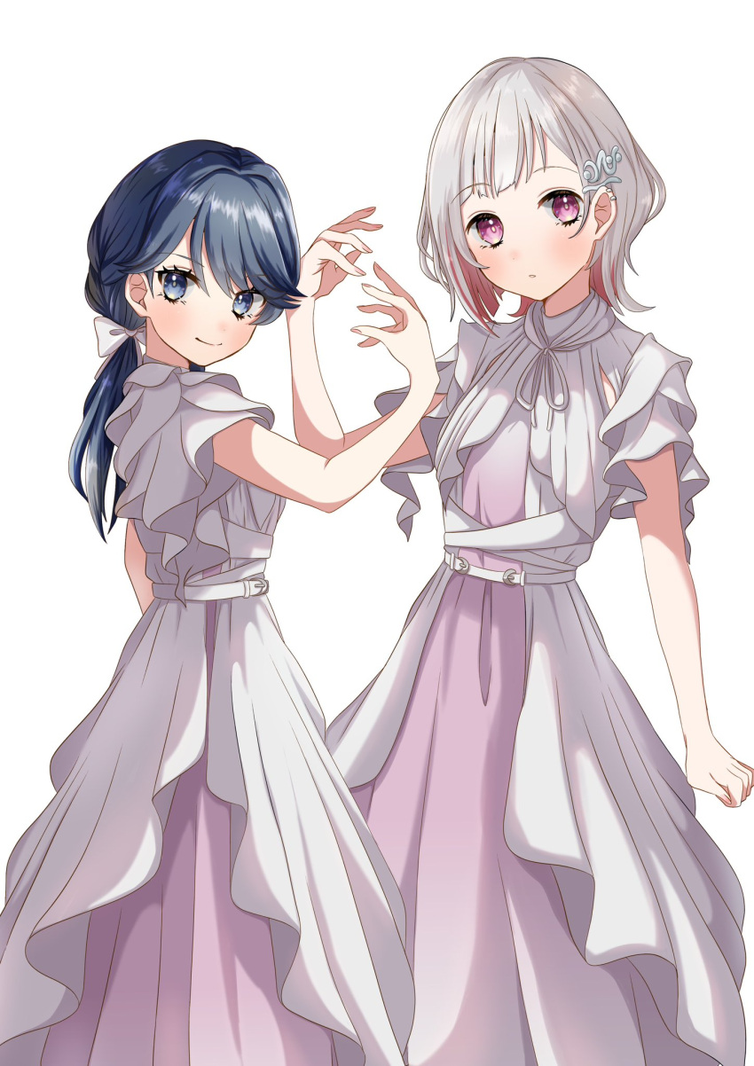 2girls blue_eyes blue_hair bob_cut bow closed_mouth colored_inner_hair commentary_request cowboy_shot dark_blue_hair dollchestra dress eyes_visible_through_hair frilled_dress frills grey_hair hair_bow hair_ornament hairclip hand_up highres inverted_bob layered_dress link!_like!_love_live! link_to_the_future_(love_live!) long_hair looking_at_viewer love_live! low_twintails multicolored_hair multiple_girls murano_sayaka natsu_(natsukikenken) neck_ribbon pink_dress red_eyes redhead ribbon short_hair short_sleeves simple_background smile split_mouth streaked_hair twintails two-tone_dress virtual_youtuber white_background white_bow white_dress white_ribbon yugiri_tsuzuri