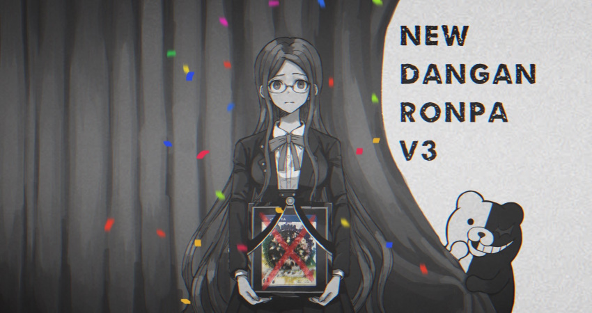 1girl bear blazer bow bowtie closed_mouth collared_shirt confetti copyright_name cowboy_shot curtains danganronpa_(series) danganronpa_v3:_killing_harmony frown glasses greyscale high-waist_skirt highres holding holding_frame iei jacket layered_sleeves long_hair long_sleeves looking_at_viewer monochrome monokuma official_art_inset open_clothes open_jacket round_eyewear sakana_(pixiv_10339425) shirogane_tsumugi shirt simple_background skirt solo spoilers spot_color straight-on third-party_source very_long_hair