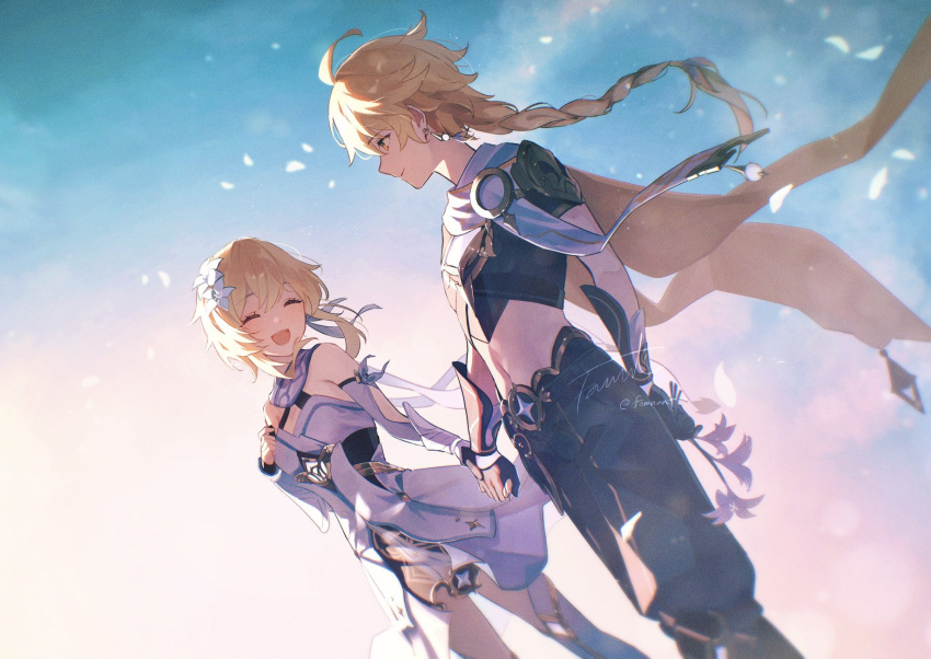 1boy 1girl aether_(genshin_impact) ahoge arm_armor armor artist_name baggy_pants bare_shoulders black_footwear black_gloves black_pants black_shirt blonde_hair blue_sky blush boots braid breasts brother_and_sister closed_eyes closed_mouth clouds cloudy_sky day detached_sleeves dress earrings feather_hair_ornament feathers fingerless_gloves flower fomnant genshin_impact gloves gold_trim grey_ribbon hair_between_eyes hair_flower hair_ornament hair_ribbon hand_up happy highres holding holding_flower holding_hands jewelry long_hair long_sleeves looking_at_another lumine_(genshin_impact) medium_breasts open_mouth orange_eyes outdoors pants petals pink_clouds purple_flower ribbon scarf shirt short_hair short_sleeves shoulder_armor siblings sidelocks single_earring sky smile standing star_(symbol) teeth thigh_gap tongue white_dress white_flower white_footwear white_scarf