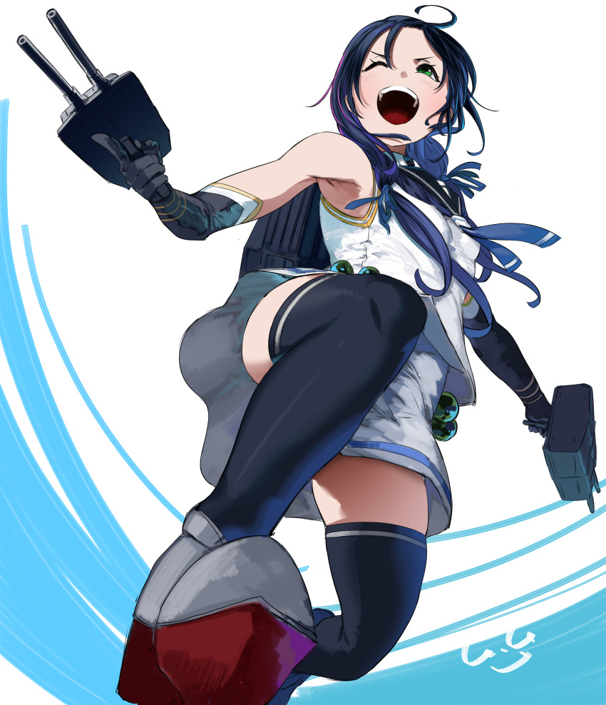 1girl adapted_turret ahoge black_neckerchief blue_background blue_hair blush breasts elbow_gloves gegeron gloves gradient_hair green_eyes gun hair_ribbon highres kantai_collection long_hair low_twintails multicolored_hair neckerchief one_eye_closed open_mouth ribbon sailor_collar school_uniform serafuku signature skirt sleeveless small_breasts smile suzukaze_(kancolle) thigh-highs torpedo_launcher torpedo_tubes twintails weapon white_background white_serafuku