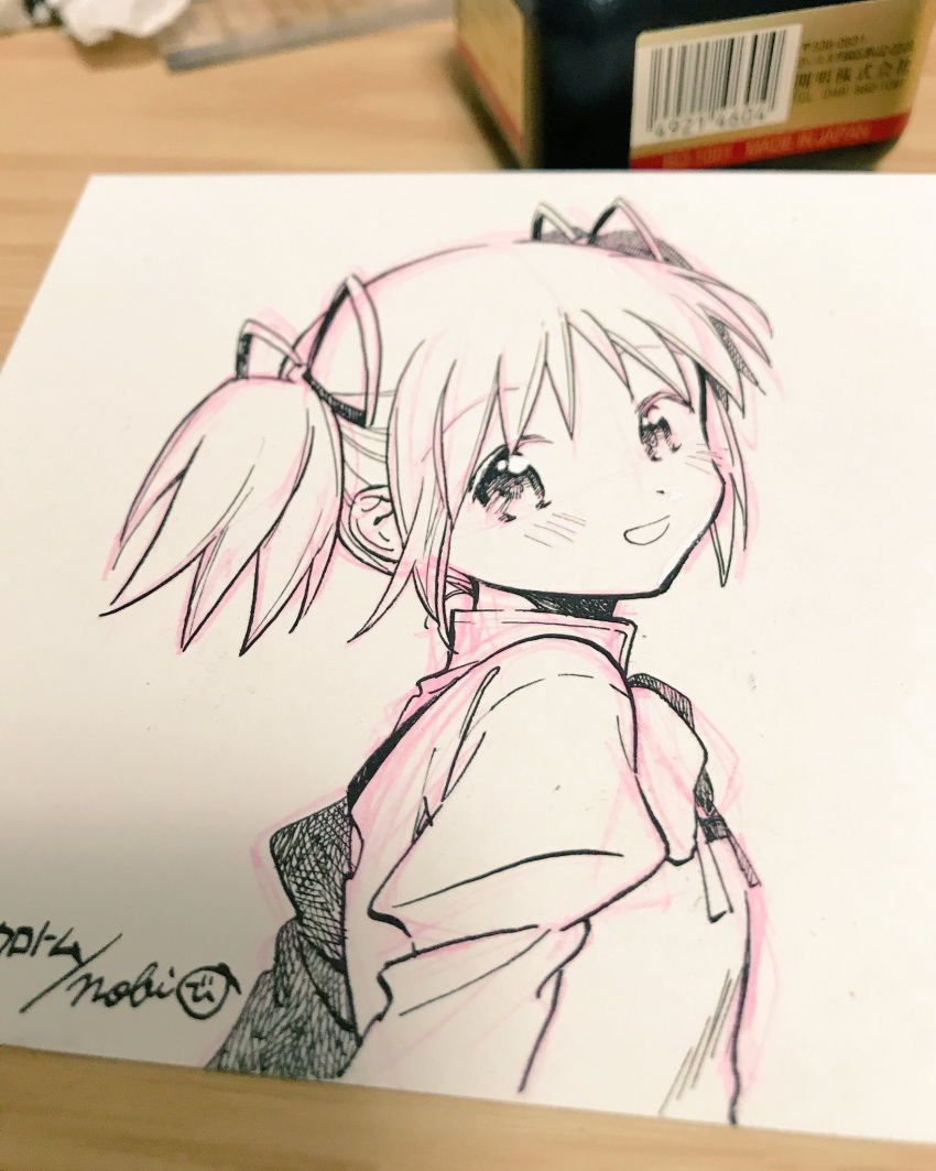 1girl art_tools_in_frame blush_stickers bow bowtie collared_shirt dated from_side greyscale hair_ribbon high_collar highres ink_(medium) juliet_sleeves kaname_madoka long_sleeves looking_at_viewer mahou_shoujo_madoka_magica mahou_shoujo_madoka_magica_(anime) mitakihara_school_uniform monochrome no+bi= open_mouth photo_(medium) puffy_sleeves ribbon school_uniform shirt short_hair short_twintails signature smile solo traditional_media twintails upper_body