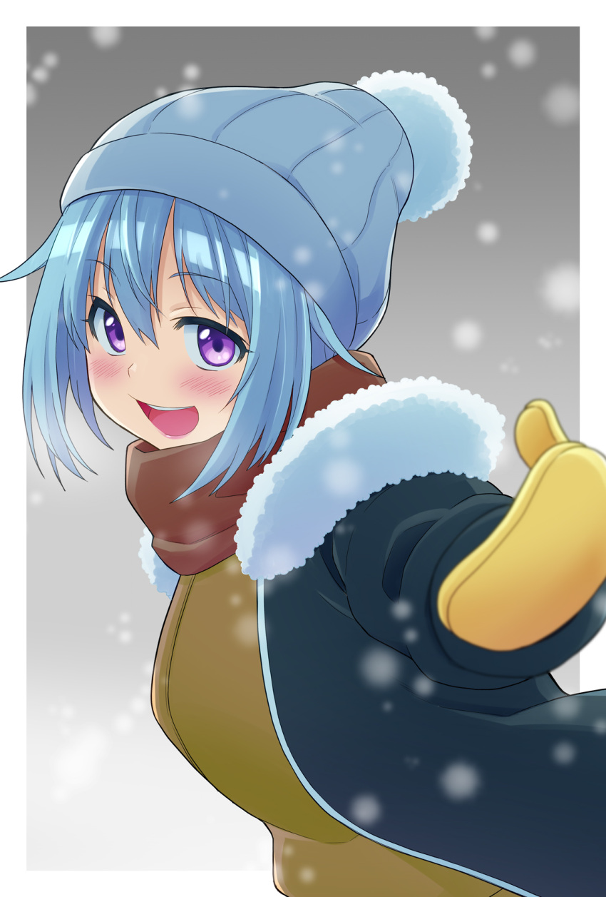 1girl blue_coat blue_hair blue_hat blush border breasts breath brown_scarf coat gloves gradient_background highres knit_hat kureshikure long_sleeves looking_at_viewer medium_breasts open_clothes open_coat open_mouth original outdoors reaching reaching_towards_viewer scarf shirt short_hair snow snowing solo teeth upper_teeth_only violet_eyes white_border winter winter_clothes yellow_gloves yellow_shirt