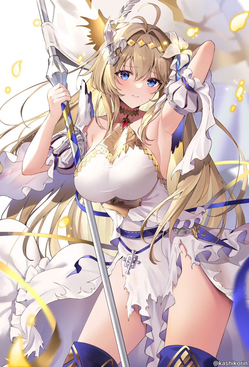 1girl antenna_hair armpits bare_shoulders belt blonde_hair blue_eyes boots breasts detached_sleeves dress flower granblue_fantasy hair_flower hair_intakes hair_ornament hand_up highres jeanne_d'arc_(granblue_fantasy) large_breasts long_hair ribbon-trimmed_dress solo strapless strapless_dress thigh_boots very_long_hair white_dress yuntae