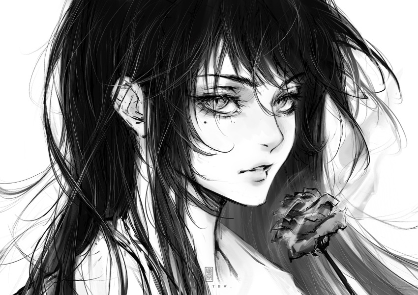 1girl absurdres ado_(utaite) artist_name chando_(ado) cloud_nine_inc commentary english_commentary ericathw flower greyscale highres long_hair looking_at_viewer messy_hair mole mole_under_eye monochrome parted_lips portrait rose solo utaite