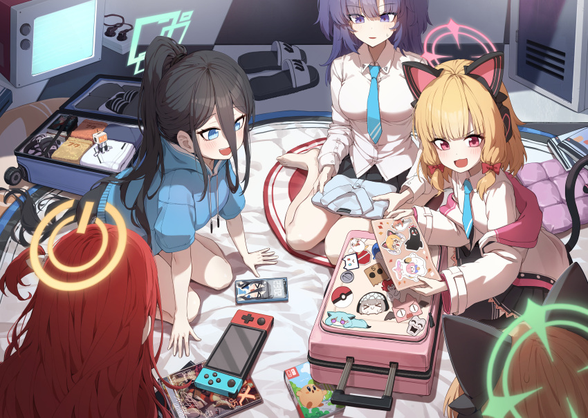&lt;key&gt;_(robot)_(blue_archive) 5girls absurdly_long_hair absurdres animal_ear_headphones animal_ears aris_(blue_archive) aru_(blue_archive) aru_(dress)_(blue_archive) black_hair black_skirt blonde_hair blue_archive blue_eyes blue_halo blue_hoodie blue_necktie blush bow breasts cat_tail cellphone checkered_floor collared_shirt death_momoi_(meme) electric_plug electrical_outlet fake_animal_ears green_halo hair_bow halo hasumi_(blue_archive) headphones highres hood hoodie indoors jacket kayoko_(blue_archive) kayoko_(dress)_(blue_archive) kirby kirby_(series) koharu_(blue_archive) kokukyukeo large_breasts long_hair long_sleeves maki_(blue_archive) meme midori_(blue_archive) mika_(blue_archive) momoi_(blue_archive) multiple_girls mutsuki_(blue_archive) mutsuki_(dress)_(blue_archive) nazomaki_(blue_archive) necktie nintendo_switch open_mouth peroro_(blue_archive) phone pink_halo pleated_skirt poke_ball ponytail purple_hair red_bow red_eyes redhead sakurako_(blue_archive) shigure_(blue_archive) shirt short_hair short_sleeves siblings sisters skirt slippers small_breasts smartphone smile suitcase tail twins two_side_up very_long_hair violet_eyes white_jacket white_shirt yellow_halo yuuka_(blue_archive) yuzu_(blue_archive)