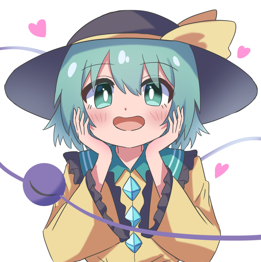 1girl :d absurdres black_hat blush buttons diamond_button eyeball frilled_sleeves frills green_eyes green_hair hands_on_own_cheeks hands_on_own_face hat hat_ribbon heart high_meron highres komeiji_koishi long_sleeves looking_at_viewer ribbon shirt short_hair simple_background smile solo third_eye touhou upper_body white_background wide_sleeves yellow_ribbon yellow_shirt