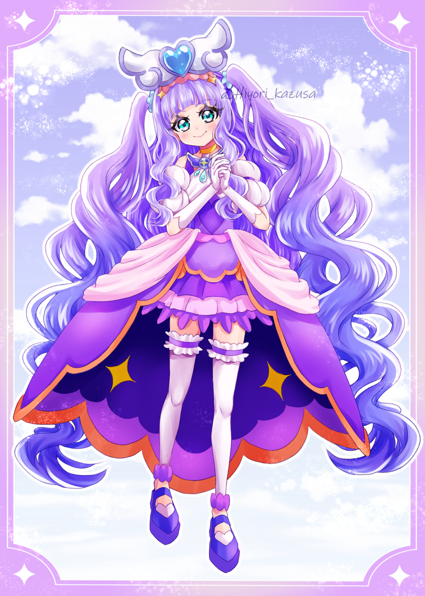 1girl absurdres aqua_eyes brooch closed_mouth cure_majesty detached_sleeves dress elbow_gloves ellee-chan frilled_skirt frilled_thighhighs frills gloves half-dress highres hirogaru_sky!_precure jewelry kazusa_hiyori long_hair looking_at_viewer magical_girl miniskirt own_hands_together precure puffy_detached_sleeves puffy_sleeves purple_dress purple_footwear purple_hair purple_skirt shoes skirt sleeveless sleeveless_dress smile solo standing thigh-highs twitter_username two_side_up very_long_hair white_gloves white_thighhighs wing_brooch wing_hair_ornament
