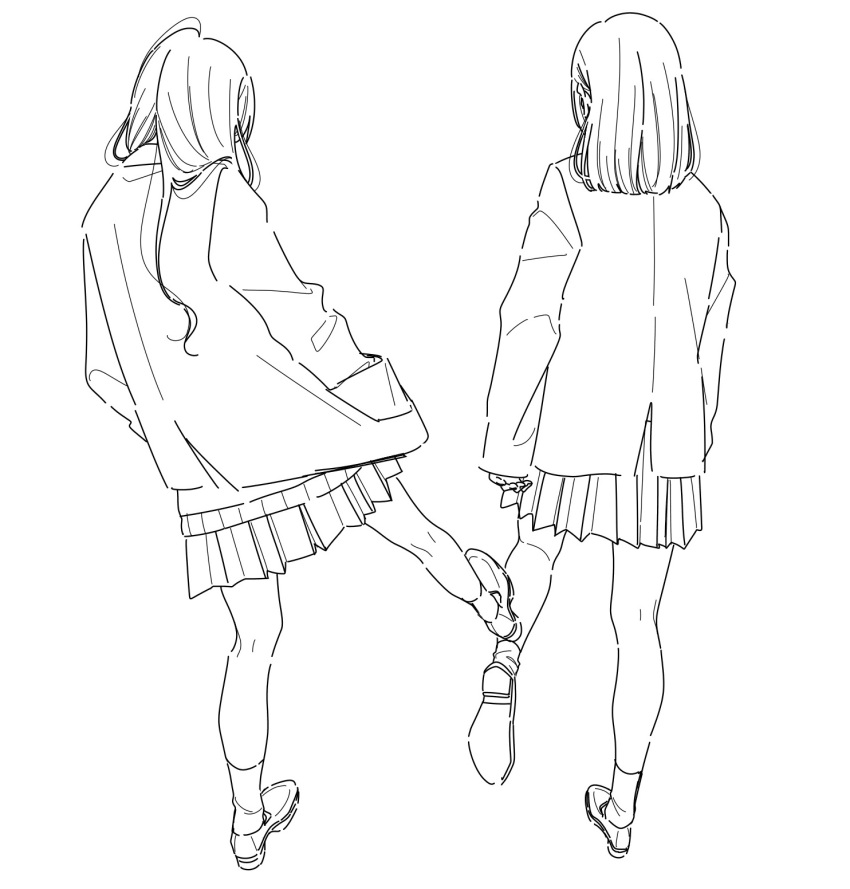 2girls from_behind full_body greyscale hands_in_pockets highres jacket kamatama_rom lineart loafers long_hair long_sleeves medium_hair monochrome multiple_girls original pleated_skirt school_uniform shoes simple_background sketch skirt sleeves_past_wrists socks white_background