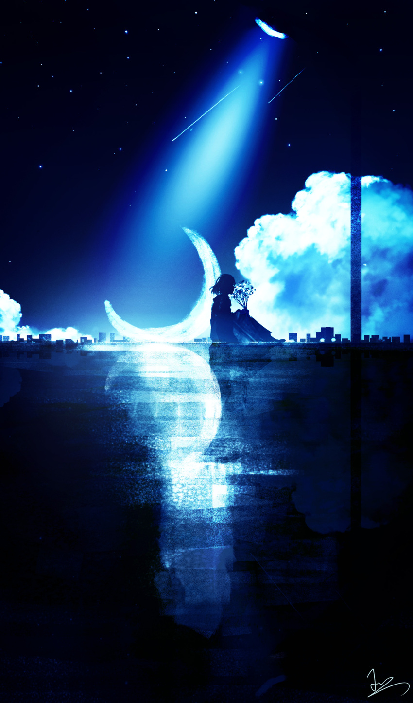 1girl absurdres clouds crescent_moon facing_ahead flower from_side highres holding holding_flower knees_up lamppost moon night night_sky original outdoors reflective_floor shooting_star short_hair signature silhouette sitting sky skyline skyrick9413 solo star_(sky) starry_sky