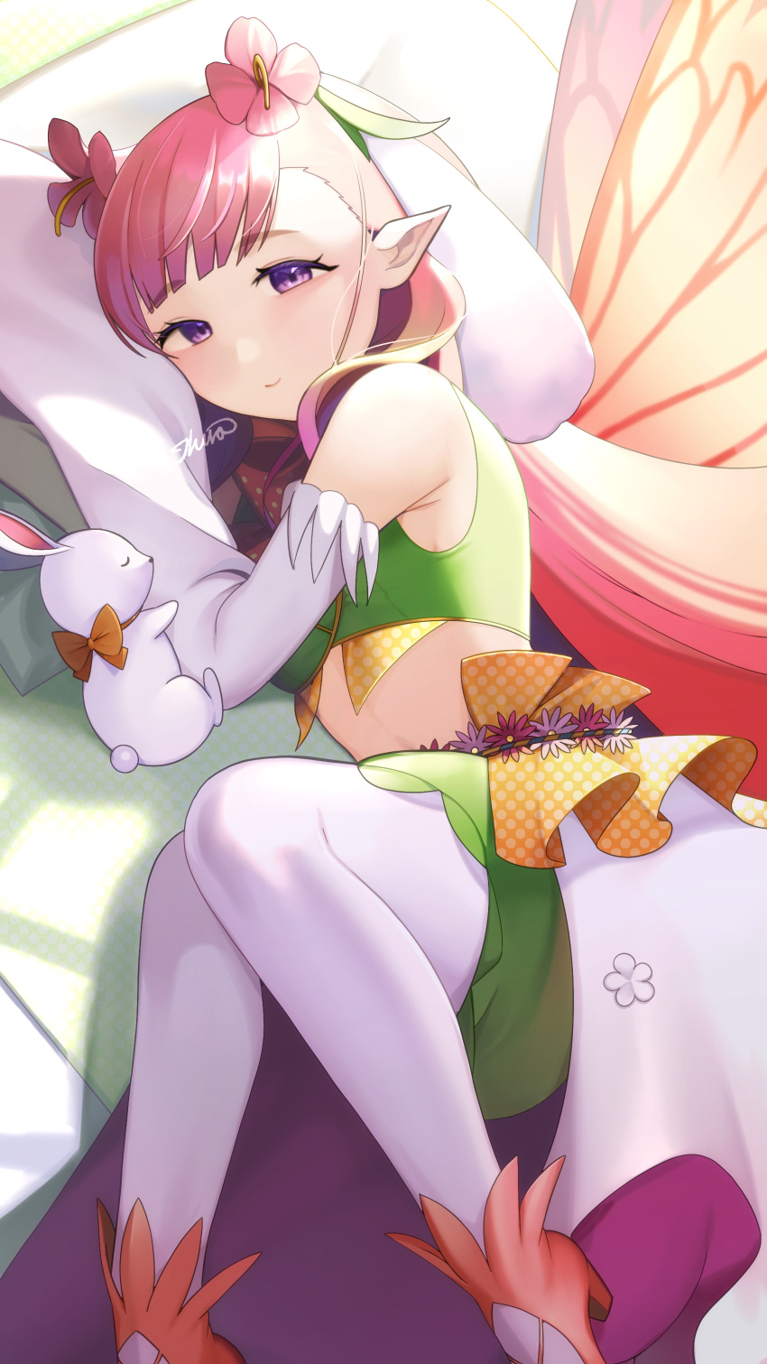 1girl absurdres closed_mouth commentary_request detached_sleeves fairy fairy_wings fire_emblem fire_emblem_heroes flower green_shirt green_skirt hair_flower hair_ornament highres ikura_(downdexp) long_hair looking_at_viewer lying midriff mirabilis_(fire_emblem) pantyhose pillow pink_hair shirt signature skirt smile solo stuffed_animal stuffed_rabbit stuffed_toy very_long_hair violet_eyes white_pantyhose white_sleeves wide_sleeves wings