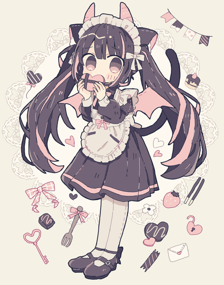 1girl animal_ears apron black_dress black_footwear black_hair blush bow box brown_hair cake candy cat_ears cat_girl cat_tail chocolate commentary covering_own_mouth dress envelope food fork frilled_apron frills fruit full_body gift gift_box heart heart-shaped_box heart-shaped_chocolate highres holding holding_box horns kanato345 key lace lock long_hair long_sleeves looking_at_viewer love_letter maid maid_apron maid_headdress mary_janes multicolored_hair open_mouth original pantyhose pink_eyes pink_hair pocky shoes solo tail twintails valentine white_apron white_pantyhose wings yellow_background