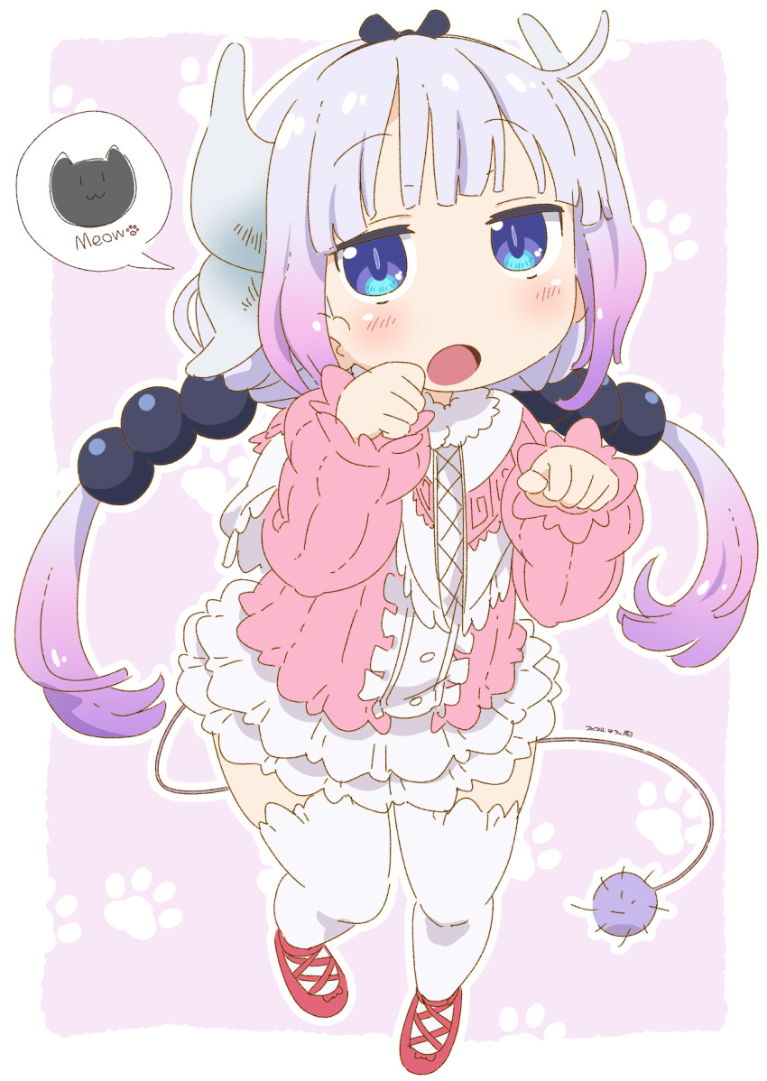 1girl beads blue_eyes blush border bow bow_hairband commentary dated dragon_horns dress english_text gradient_hair hair_beads hair_bow hair_ornament hairband highres horns kanna_kamui kobayashi-san_chi_no_maidragon long_hair looking_at_viewer multicolored_hair open_mouth outline paw_pose paw_print paw_print_background pink_dress pink_footwear purple_background purple_hair samansa_ex solo speech_bubble standing symbol-only_commentary tail thigh-highs tongue white_border white_outline white_thighhighs
