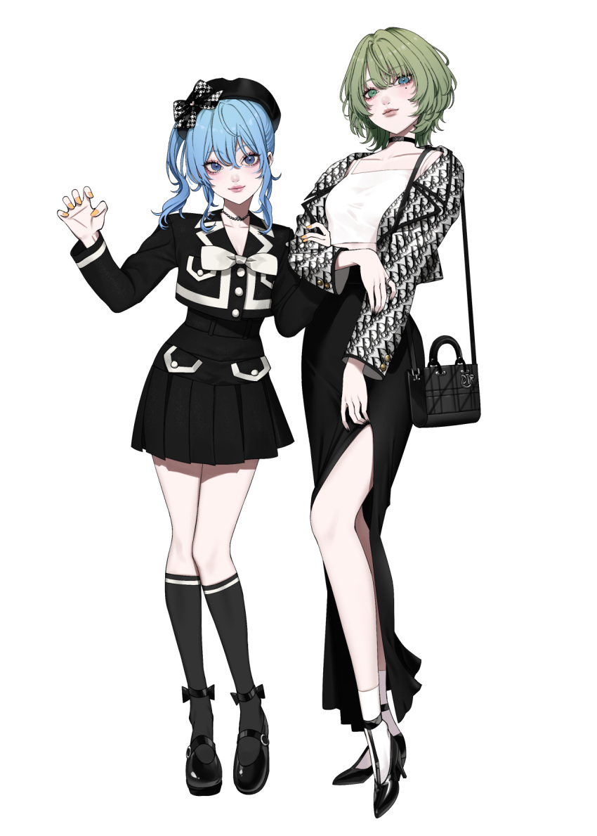2girls aegyo_sal bag beret black_choker black_nails black_skirt black_socks blue_eyes blue_hair bow camisole choker collarbone crossover eyelashes green_eyes green_hair hair_between_eyes hand_on_another's_arm hat heterochromia high_heels highres hololive hoshimachi_suisei idolmaster idolmaster_cinderella_girls idolmaster_cinderella_girls_starlight_stage jacket jewelry kneehighs long_bangs long_hair long_skirt long_sleeves looking_at_viewer maou_(demonlord) mary_janes miniskirt mole mole_under_eye multiple_girls open_clothes open_jacket pink_lips pleated_skirt pocket ring shoes short_hair side_ponytail side_slit sidelocks simple_background skirt smile socks takagaki_kaede white_bow white_camisole white_socks yellow_nails
