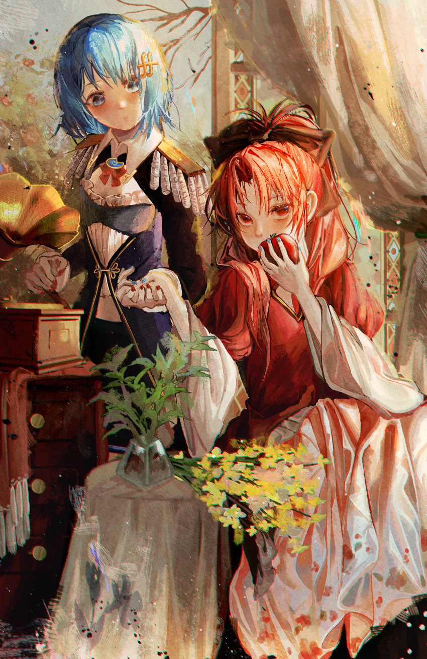 2girls absurdres alternate_costume apple ascot black_shrug blue_eyes blue_hair blue_jacket blue_nails bouquet branch collared_shrug commentary coumibuzzbuzz covered_mouth curtains drawer dress english_commentary epaulettes feet_out_of_frame flower food frills fruit hair_ornament hair_over_shoulder highres holding holding_food holding_fruit holding_hands jacket long_hair looking_at_another looking_at_viewer mahou_shoujo_madoka_magica mahou_shoujo_madoka_magica_(anime) miki_sayaka multicolored_nails multiple_girls musical_note musical_note_hair_ornament nail_polish parted_bangs parted_lips phonograph plant ponytail red_ascot red_dress red_eyes red_nails redhead sakura_kyoko short_hair shrug_(clothing) sitting skirt standing tablecloth vase white_skirt wide_sleeves yellow_flower