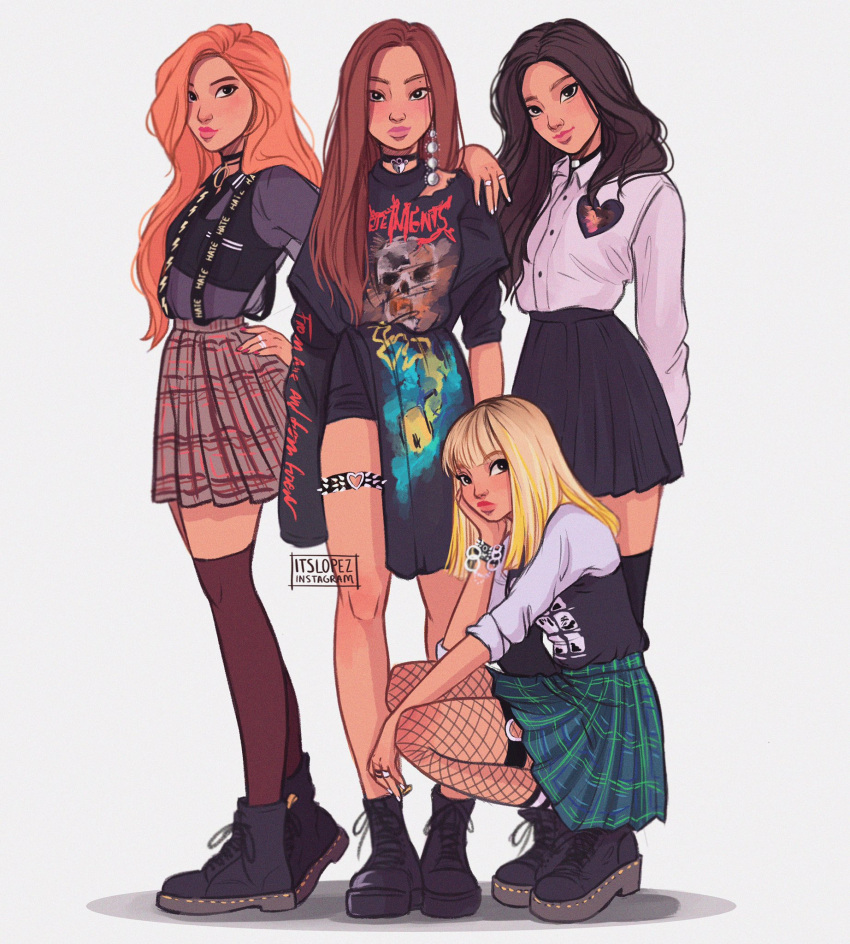4girls animification black_choker black_footwear blackpink blonde_hair blunt_bangs boots bracelet brown_hair choker earrings english_commentary fishnet_pantyhose fishnets hand_on_another's_shoulder hand_on_own_cheek hand_on_own_face highres instagram_username itslopezz jennie_(blackpink) jewelry jisoo_(blackpink) k-pop light_brown_hair lisa_(blackpink) long_hair long_sleeves looking_at_viewer medium_hair multiple_girls pantyhose profile real_life red_lips ring rose_(blackpink) shirt short_shorts shorts skirt sleeves_rolled_up squatting standing thigh-highs very_long_sleeves white_shirt