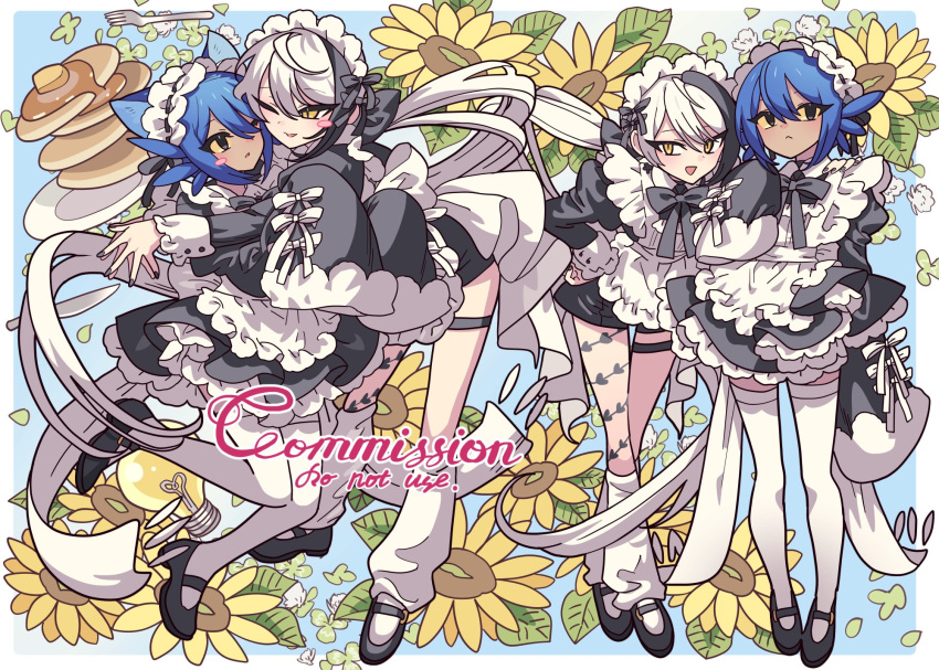 1girl 1other apron bad_id bad_twitter_id black_dress black_footwear blue_hair border commission dress floral_background flower food fork frilled_apron frills full_body highres hug leaning_forward leg_warmers long_hair looking_at_viewer maid maid_headdress mary_janes meremero multiple_views niko_(oneshot) oneshot_(game) open_mouth original pancake pancake_stack plate ribbon shoes short_hair sleeves_past_fingers sleeves_past_wrists smile standing sunflower thigh-highs thigh_strap very_long_hair white_border white_hair white_ribbon yellow_eyes yellow_flower