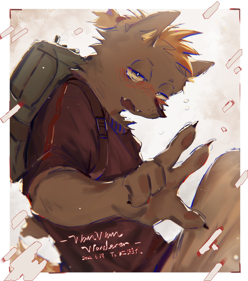 1boy blonde_hair border brown_bag claws dated dog_boy fangs furry furry_male grey_background half-closed_eyes highres looking_at_viewer male_focus open_mouth p7ywirzyw8lesuc red_shirt shirt short_ponytail short_sleeves solo song_name t-shirt tears wan_wan_wanderer white_border