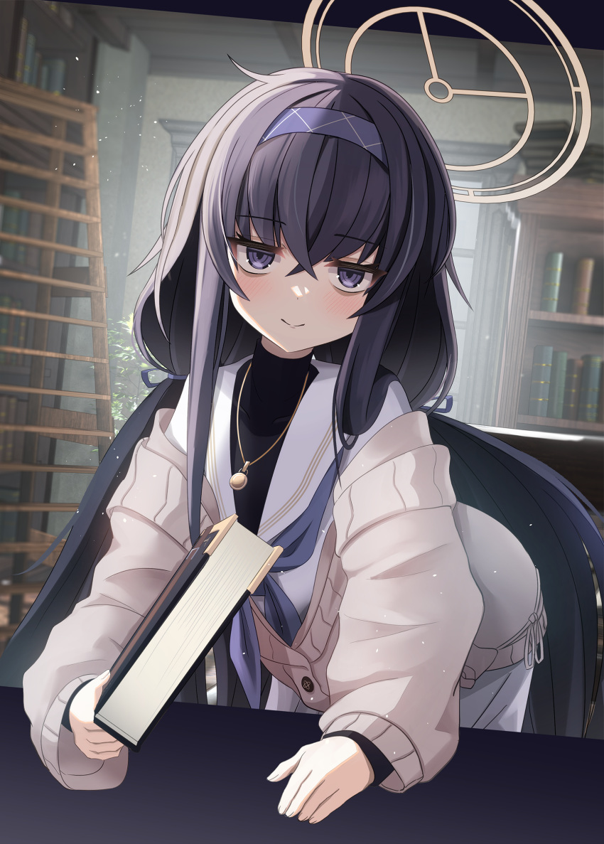 1girl black_hair blue_archive blue_hairband blue_neckerchief blush book brown_cardigan cardigan closed_mouth commentary_request hair_between_eyes hairband halo highres holding holding_book indoors jewelry library long_hair long_sleeves looking_at_viewer low_twintails neckerchief necklace sailor_collar school_uniform smile solo twintails ui_(blue_archive) very_long_hair white_sailor_collar xaiqi yellow_halo