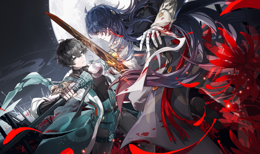2boys absurdres bandaged_hand bandages black_coat black_gloves black_hair black_shirt blade_(honkai:_star_rail) blood blood_on_bandages blue_eyes blue_hair chinese_commentary coat commentary dan_heng_(honkai:_star_rail) duel earrings elbow_gloves eye_contact eyeliner faceoff fighting_stance fingerless_gloves flaming_weapon flower full_moon gauntlets gloves glowing glowing_eyes glowing_weapon grey_pants highres holding holding_sword holding_weapon honkai:_star_rail honkai_(series) jewelry light_particles long_hair looking_at_another makeup male_focus moon multiple_boys night night_sky nnnnnova open_clothes open_coat orange_eyes pants parrying polearm procreate_(medium) red_eyeliner red_flower reflective_weapon shirt short_hair sky smoke_trail spider_lily sword tassel vs weapon white_coat