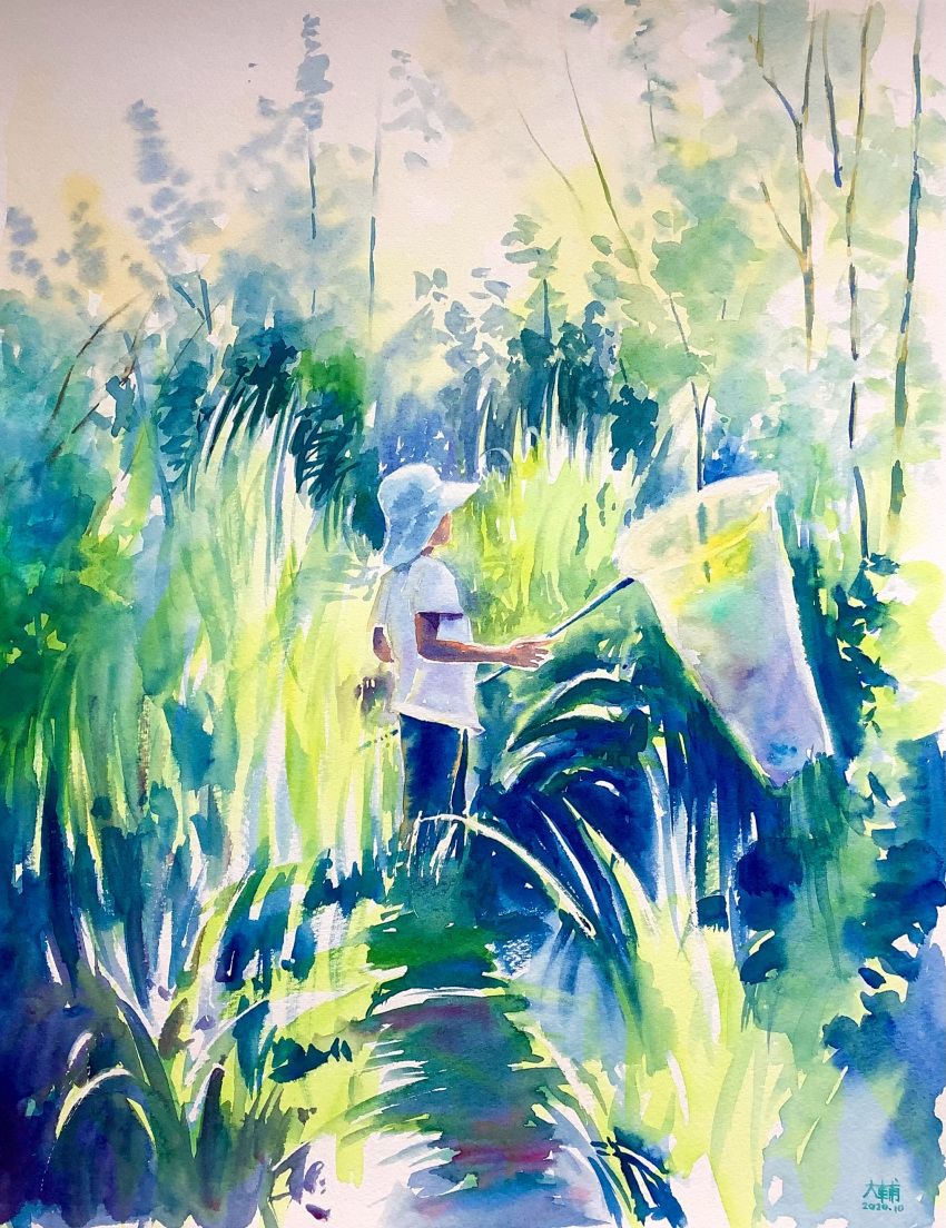 absurdres bush butterfly_net day didi_daisukedoi grass hand_net highres holding holding_butterfly_net morning original outdoors painting_(medium) scenery traditional_media tree watercolor_(medium)