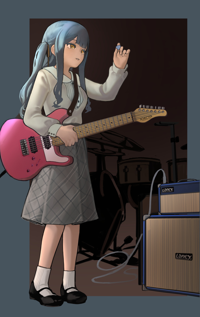 1girl absurdres amplifier bang_dream! bang_dream!_it's_mygo!!!!! black_footwear black_ribbon blue_hair brown_background cloud_nine_(798392138) commentary_request drum drum_set electric_guitar full_body grey_background grey_skirt guitar hair_ribbon highres holding holding_guitar holding_instrument holding_plectrum instrument long_hair long_sleeves mary_janes parted_lips plectrum ribbon shirt shoes skirt socks solo togawa_sakiko two_side_up white_shirt white_socks yellow_eyes