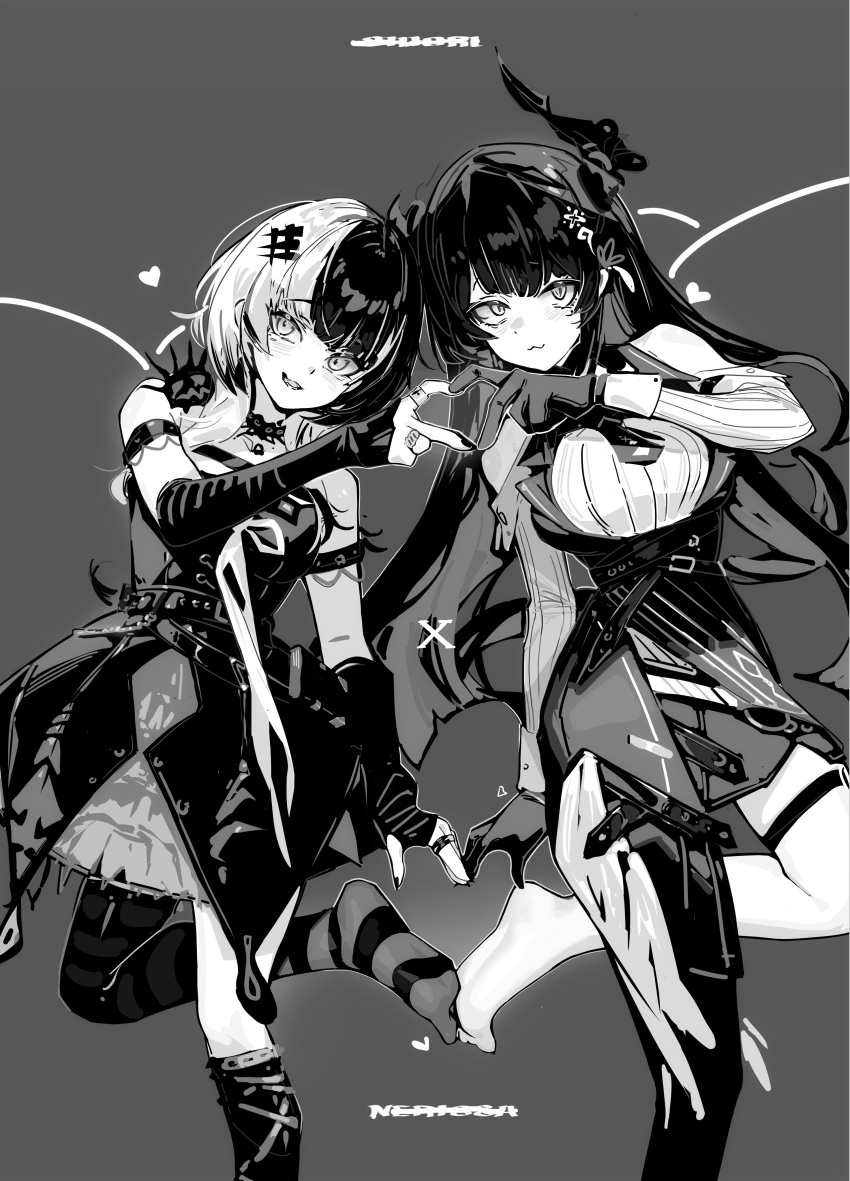 2girls :3 absurdres arm_strap arm_warmers asymmetrical_horns barefoot belt boots breasts character_name choker closed_mouth clothing_cutout commentary demon_horns dress english_commentary feet floating_hair gloves greyscale hair_ornament heads_together heart heart_hands heart_hands_duo highres hololive hololive_english horns jewelry knee_boots lace lace_choker large_breasts light_blush long_hair long_sleeves looking_at_viewer mole mole_under_eye monochrome multicolored_hair multiple_girls multiple_rings nail_polish nerissa_ravencroft nerissa_ravencroft_(1st_costume) no_shoes old_metal_666 parted_lips photo-referenced ribbed_shirt ring shiori_novella shiori_novella_(1st_costume) shirt shoulder_cutout single_leg_pantyhose single_thighhigh skirt smile split-color_hair standing standing_on_one_leg striped_clothes striped_thighhighs tassel tassel_hair_ornament teeth thigh-highs thigh_strap two-tone_hair uneven_horns very_long_hair virtual_youtuber yorick_(shiori_novella)