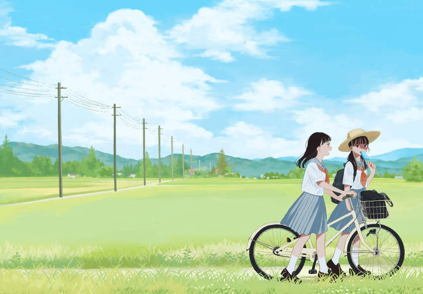 2girls absurdres backpack bag bicycle blue_sailor_collar blue_skirt blue_sky blunt_bangs brown_hair clouds day field grass hat highres ice_cream_bar inoue_haruka_(haruharu210) long_hair mountainous_horizon multiple_girls neckerchief open_mouth original outdoors pleated_skirt power_lines red_neckerchief rural sailor_collar school_bag school_uniform serafuku shirt skirt sky summer sun_hat tree white_shirt