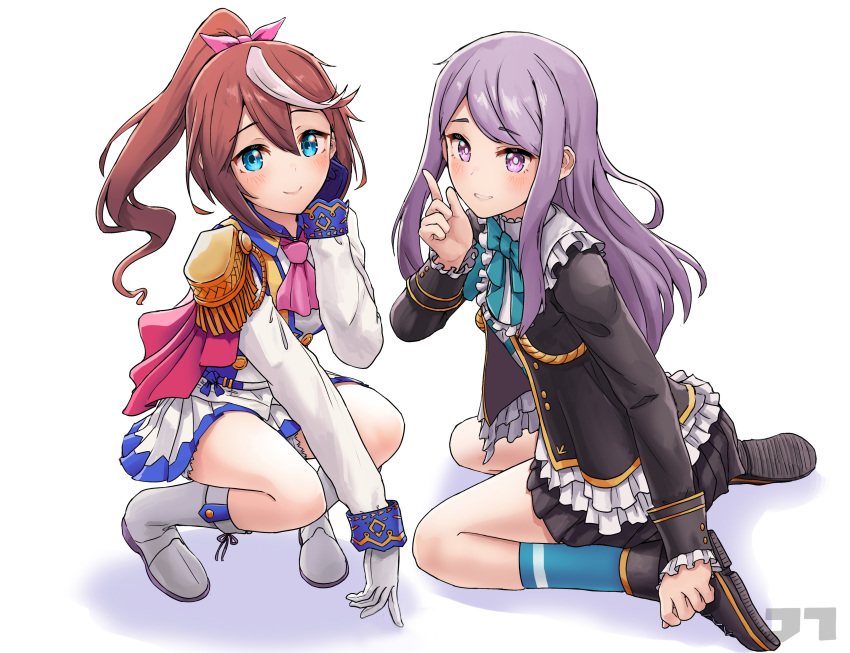 2girls absurdres april_fools aqua_eyes ascot black_footwear black_jacket black_skirt blush boots bow bowtie brown_hair closed_mouth epaulettes full_body gloves green_socks grin hand_on_own_cheek hand_on_own_face hand_up highres jacket jtleeklm long_hair long_sleeves looking_at_viewer mejiro_mcqueen_(umamusume) miniskirt multicolored_hair multiple_girls open_mouth pink_ascot ponytail purple_hair sidelocks simple_background single_epaulette sitting skirt smile socks squatting streaked_hair tokai_teio_(umamusume) umamusume violet_eyes wariza white_background white_footwear white_gloves white_jacket white_skirt