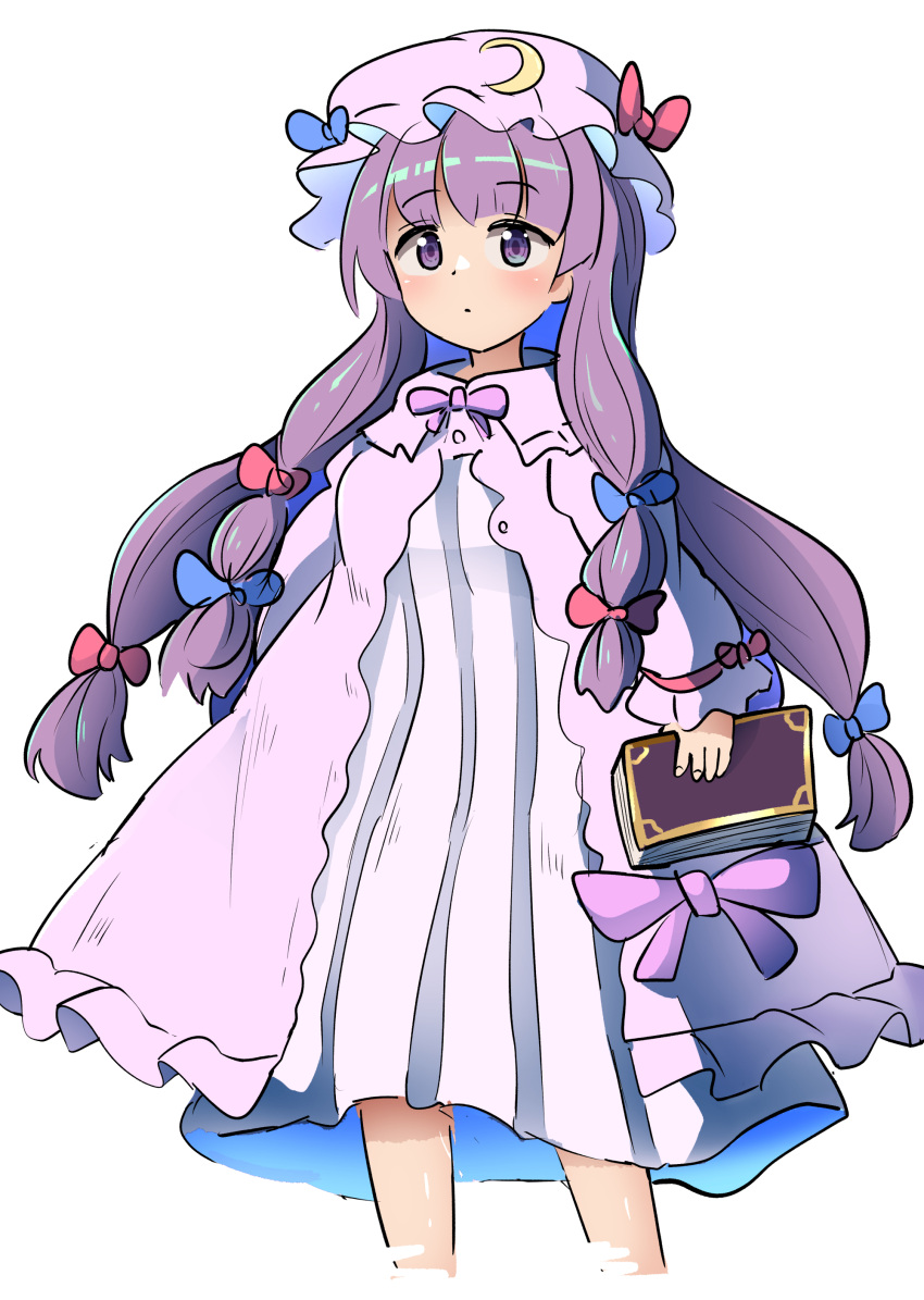 1girl absurdres blue_bow blush book bow chups commentary_request cropped_legs dress hair_bow hair_ribbon hat highres holding holding_book long_hair long_sleeves mob_cap patchouli_knowledge purple_hair purple_hat red_ribbon ribbon simple_background solo striped_clothes striped_dress touhou vertical-striped_clothes vertical-striped_dress very_long_hair violet_eyes white_background