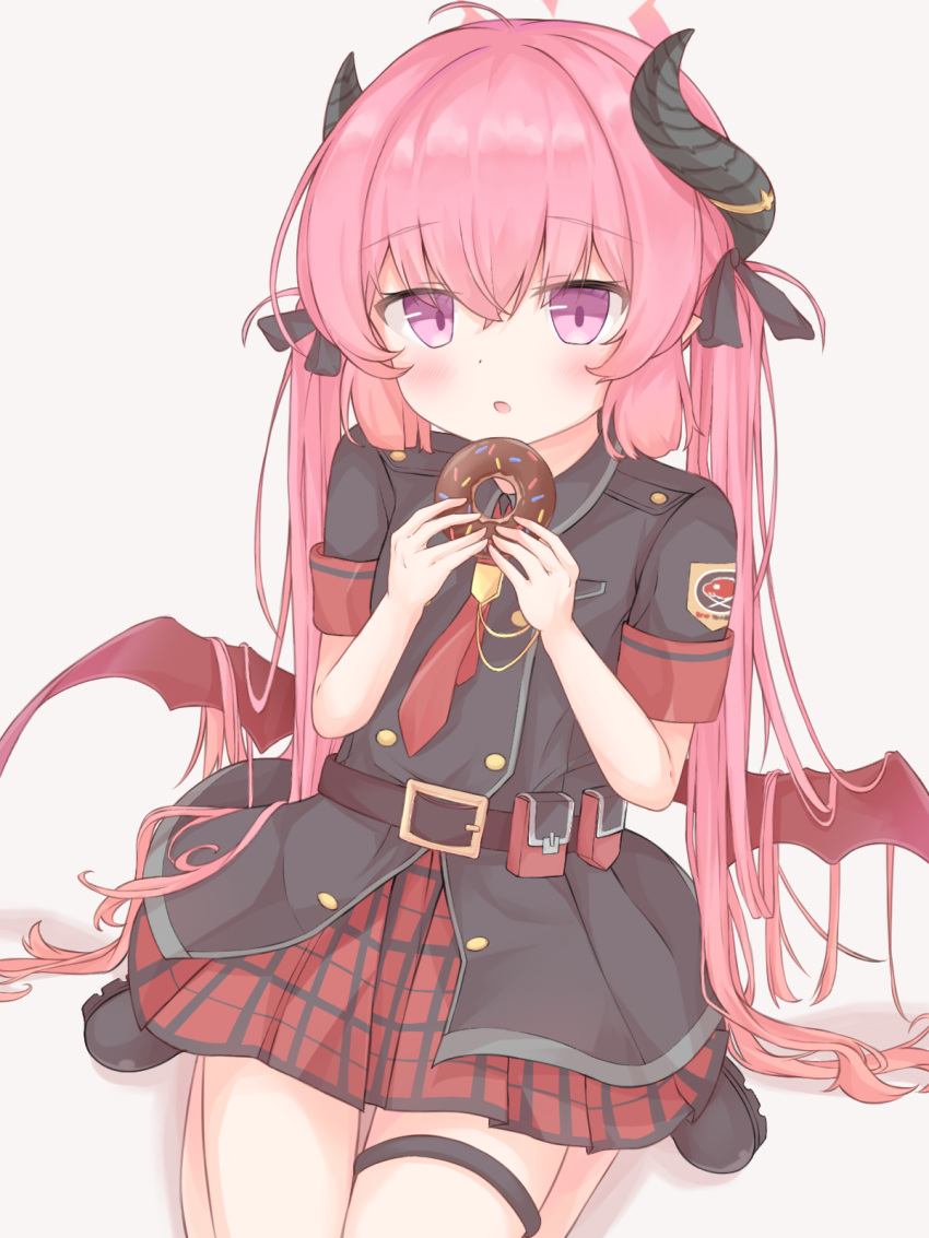 1girl belt belt_pouch black_bow black_footwear black_shirt blue_archive blush bow collared_shirt demon_horns doughnut enim food grey_background hair_between_eyes hair_bow halo highres holding holding_food horns junko_(blue_archive) long_hair looking_at_viewer low_wings necktie open_mouth pink_hair plaid plaid_skirt pleated_skirt pointy_ears pouch red_necktie shirt short_sleeves simple_background sitting skirt solo twintails violet_eyes wings