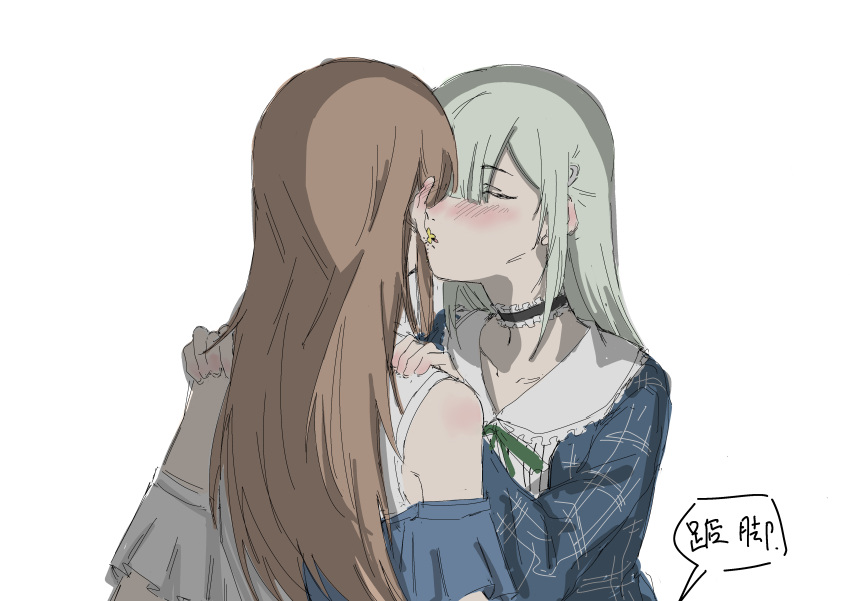 2girls absurdres bang_dream! bang_dream!_it's_mygo!!!!! black_choker blue_dress blush brown_hair choker closed_eyes clothing_cutout commentary dress ear_blush earrings flower_earrings frilled_choker frills green_ribbon hands_on_another's_shoulders highres imminent_kiss jewelry kokutouemmm long_hair multiple_girls nagasaki_soyo neck_ribbon parted_lips ribbon shoulder_cutout simple_background wakaba_mutsumi white_background yuri