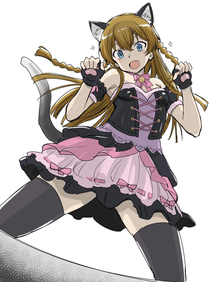 1girl animal_ears armpits bare_shoulders bell black_dress black_thighhighs blue_eyes blush bow bowtie braid brown_hair cat_ears cat_tail corset cowboy_shot detached_sleeves dot_nose dress fake_animal_ears fake_tail fingerless_gloves frilled_dress frilled_skirt frills from_below gloves hair_between_eyes head_tilt highres idolmaster idolmaster_million_live! idolmaster_million_live!_theater_days kousaka_umi long_hair looking_at_viewer matcha_kingyo neck_bell nyannyan_cat's_eye_(idolmaster) official_alternate_costume open_mouth parted_bangs paw_pose pink_bow pink_bowtie pink_dress ribbon-trimmed_skirt ribbon_trim sidelocks simple_background skirt smile solo sparkle tail thigh-highs twin_braids v-shaped_eyebrows white_background wrist_cuffs zettai_ryouiki