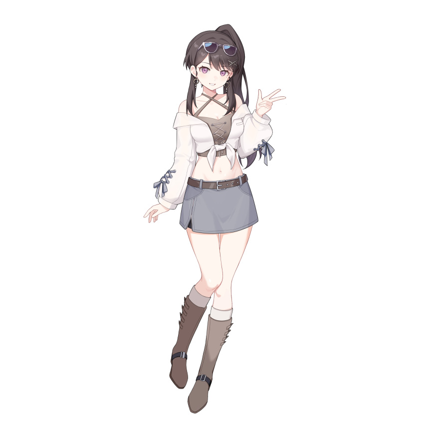 1girl absurdres bang_dream! bang_dream!_it's_mygo!!!!! bianxieshi_aji_ng boots brown_footwear brown_hair chinese_commentary commentary_request commission crop_top earrings eyewear_on_head full_body grey_skirt hair_ornament hairclip highres jewelry knee_boots long_hair long_sleeves looking_at_viewer navel off-shoulder_shirt off_shoulder parted_lips ponytail second-party_source shiina_taki shirt simple_background skirt smile solo sunglasses violet_eyes w white_background white_shirt