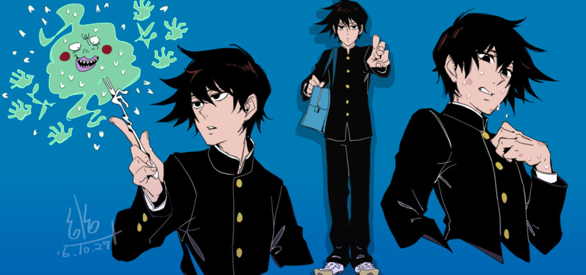 1boy afterimage bag black_eyes black_hair black_jacket black_pants black_sleeves blue_background blue_bag blush_stickers buttons clenched_teeth closed_mouth collared_jacket commentary_request cropped_torso dated disembodied_limb ekubo_(mob_psycho_100) expressionless fingernails fork full_body gakuran ghost hair_between_eyes hand_on_own_chest high_collar holding holding_bag holding_fork jacket kageyama_ritsu layered_sleeves long_sleeves looking_at_viewer male-female_symbol messy_hair mob_psycho_100 multiple_views nervous_sweating outstretched_hand pants parted_lips school_uniform shoes short_hair shoulder_bag signature simple_background sneakers sweat teeth u_u_ki_u_u upper_teeth_only white_footwear