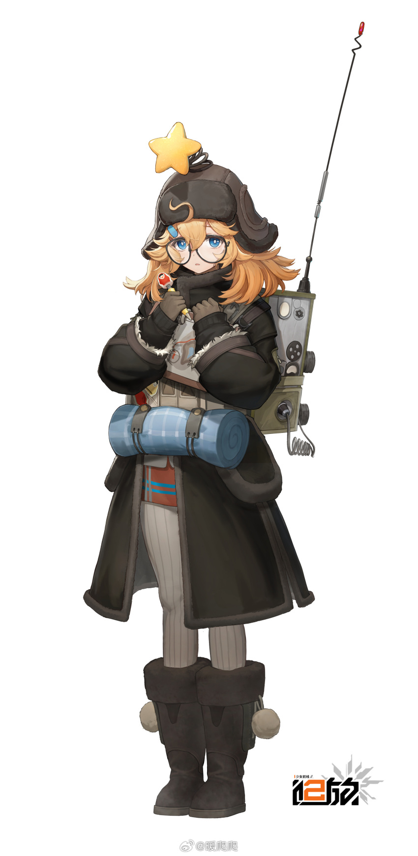 1girl absurdres backpack bag beanie black-framed_eyewear black_coat blonde_hair blue_eyes boots bright_pupils brown_footwear brown_gloves brown_hat coat copyright_name earflap_beanie full_body fur-trimmed_boots fur-trimmed_coat fur_trim furrowed_brow girls'_frontline_2:_exilium girls_frontline glasses gloves grey_pantyhose hand_up hat hat_ornament highres holding holding_pen knee_boots logo long_hair long_sleeves looking_at_viewer miniskirt nuanpapa official_art overcoat pantyhose parted_lips pen pom_pom_(clothes) radio_antenna red_skirt skirt solo star_(symbol) star_hat_ornament striped_clothes striped_pantyhose vertical-striped_clothes vertical-striped_pantyhose weibo_logo weibo_username white_background white_pupils wkp_(girls'_frontline)