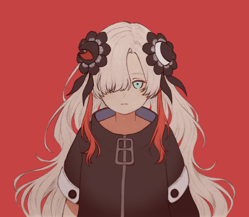 1girl arms_at_sides asymmetrical_sleeves black_flower blue_eyes closed_mouth coat commentary_request expressionless flower grey_hair hair_flower hair_ornament hair_over_one_eye high_collar highres isekai_joucho kamitsubaki_studio karakai_13 long_hair looking_at_viewer multicolored_hair one_eye_covered red_background redhead simple_background solo straight-on streaked_hair uneven_sleeves upper_body virtual_youtuber wavy_hair white_coat zipper_pull_tab