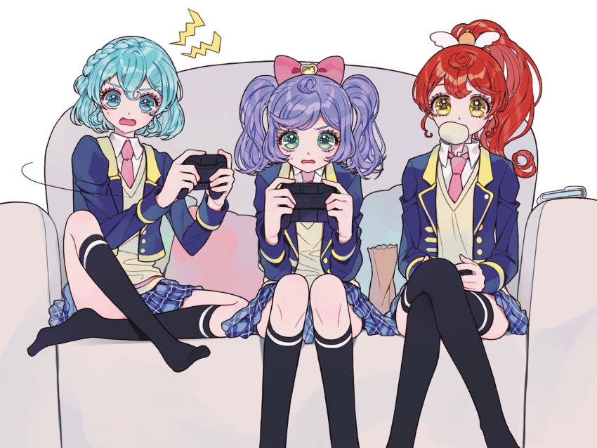 3girls aged_up ahoge ao_(ao0_0nemu) bad_id bad_twitter_id bag baozi black_thighhighs blue_eyes blue_hair blue_jacket blue_skirt bow collared_shirt concentrating couch cropped_jacket crossed_ankles crossed_legs dorothy_west feet_out_of_frame food full_body green_eyes hair_bow hands_up highres jacket kneehighs long_hair long_sleeves looking_at_viewer manaka_laala manaka_laala_(young) miniskirt mouth_hold multiple_girls necktie no_shoes on_couch open_mouth paper_bag paprika_private_academy_school_uniform pillow pink_bow pink_necktie plaid plaid_skirt playing_games pleated_skirt ponytail pretty_series pripara purple_hair redhead school_uniform shiratama_mikan shirt short_hair sitting skirt socks thigh-highs twintails vest wavy_mouth white_background white_shirt yellow_eyes yellow_vest
