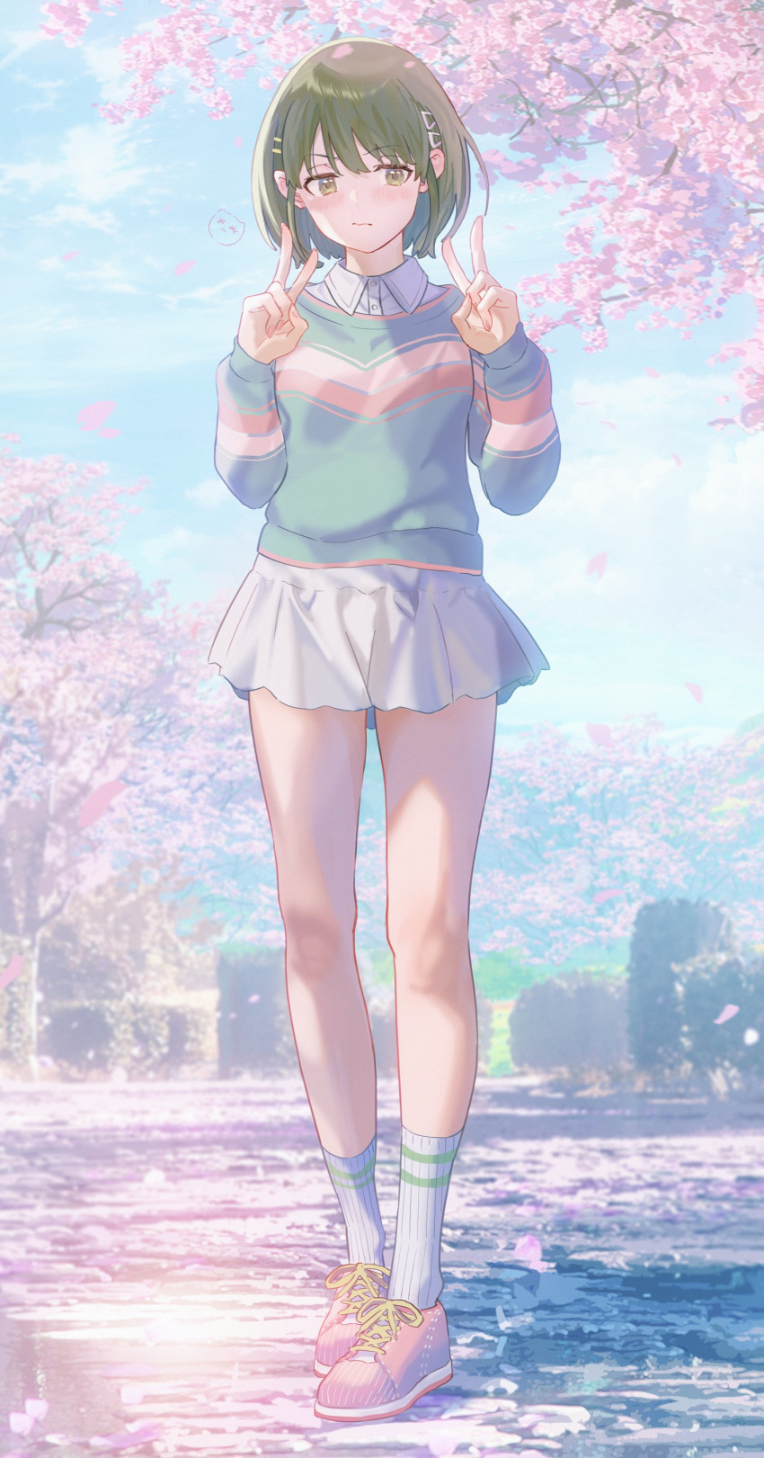 1girl absurdres angry aora blue_sky blush breasts cherry_blossoms clouds commentary day double_v falling_petals full_body green_eyes green_hair green_sweater hair_ornament hairclip hands_up highres idolmaster idolmaster_shiny_colors legs long_sleeves medium_breasts miniskirt nanakusa_nichika outdoors petals pink_footwear shoes short_hair sidelocks skirt sky sneakers socks solo standing stone_floor sunlight sweater thighs tree v v-shaped_eyebrows wavy_mouth white_skirt white_socks wind wing_collar