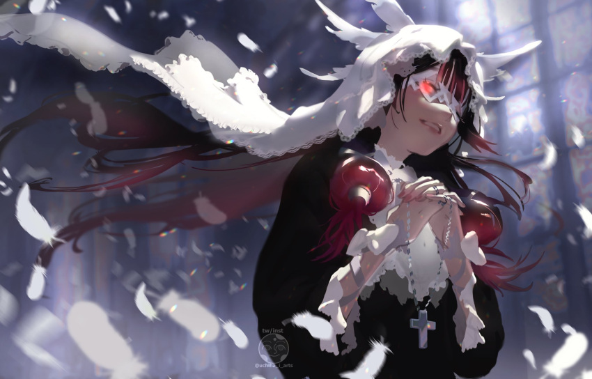 1girl alternate_costume black_hair black_robe blunt_bangs columbina_(genshin_impact) eye_mask falling_feathers feathered_wings feathers genshin_impact glowing glowing_eye head_wings highres holding_rosary long_veil multicolored_hair nun one_eye_closed open_mouth own_hands_together red_eyes red_lips redhead robe rosary solo stained_glass teeth two-tone_hair uchiha_i_arts upper_body white_feathers white_mask white_veil white_wings wings