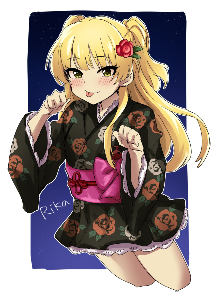 1girl blonde_hair blush border bow breasts character_name clenched_hands closed_mouth cowboy_shot cropped_legs dot_nose floral_print floral_print_kimono flower gradient_background green_eyes hair_flower hair_ornament hands_up highres idolmaster idolmaster_cinderella_girls idolmaster_cinderella_girls_starlight_stage japanese_clothes jougasaki_rika kimono koubashiifuna long_hair long_sleeves looking_at_viewer obi obijime outside_border pink_bow red_flower red_rose rose rose_print sash short_kimono simple_background small_breasts smile solo standing star_(sky) tongue tongue_out two_side_up white_border wide_sleeves