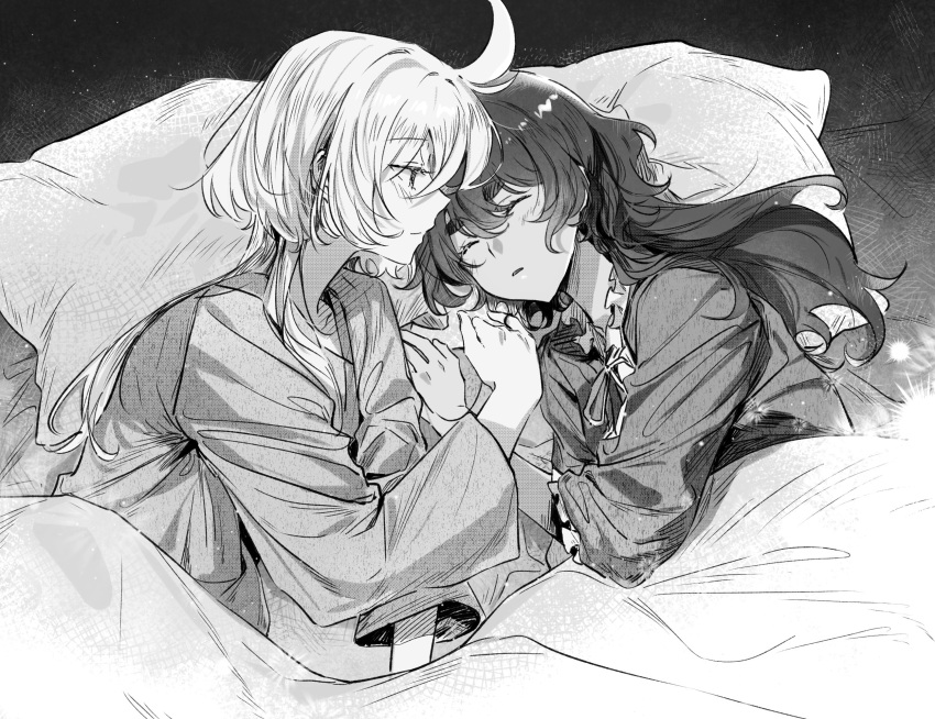 2girls blush canis428 closed_eyes closed_mouth commentary_request commission greyscale gundam gundam_suisei_no_majo hand_in_another's_hair highres long_hair looking_at_another lying miorine_rembran monochrome multiple_girls on_side pajamas pillow second-party_source sleeping smile suletta_mercury under_covers yuri