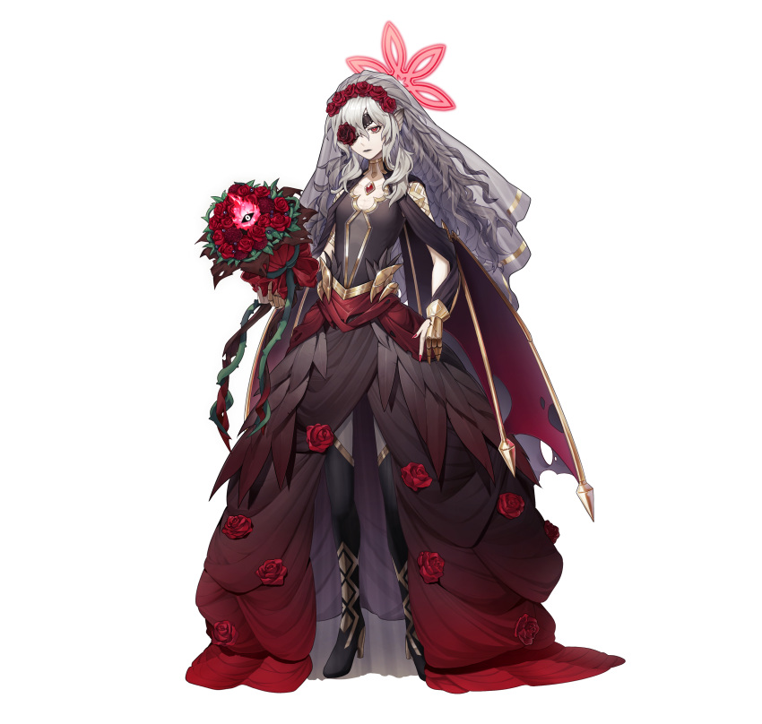 1girl absurdres air_(ai_r_) black_dress boots bouquet breasts closed_mouth commentary_request dress embla_(fire_emblem) fingernails fire_emblem fire_emblem_heroes flower full_body gold_trim gradient_clothes grey_hair highres holding lips long_hair nail_polish official_art pale_skin pointy_ears red_eyes rose simple_background small_breasts thigh_boots thorns wedding_dress white_background