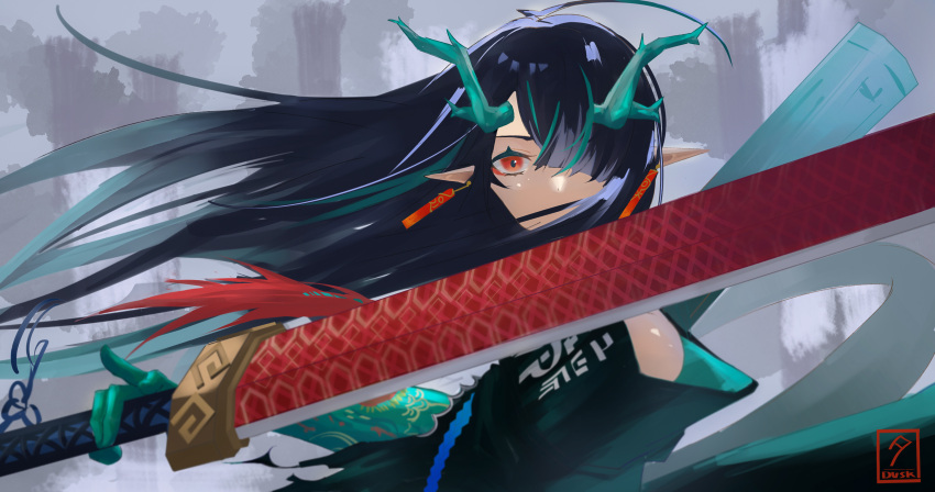 absurdres arknights black_hair dragon_girl dusk_(arknights) earrings gradient_skin green_horns hair_over_one_eye highres holding holding_sword holding_weapon horns jewelry mal_(malqsm) multicolored_hair red_eyes streaked_hair sword tassel tassel_earrings weapon