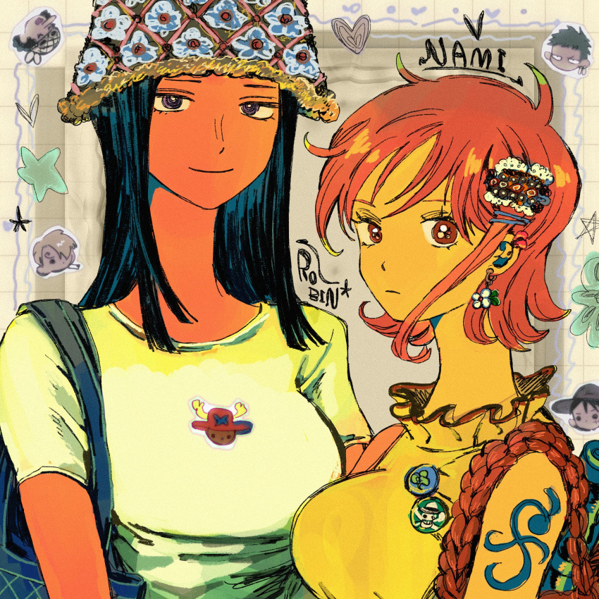 2girls arm_tattoo bag black_hair blunt_ends character_name closed_mouth collar commentary daisy earrings flower frilled_collar frills hat heart highres jewelry looking_at_viewer makenevemoiine monkey_d._luffy multiple_girls nami_(one_piece) nico_robin one_piece orange_eyes orange_hair roronoa_zoro sanji_(one_piece) shirt short_hair short_sleeves shoulder_bag smile t-shirt tattoo tony_tony_chopper upper_body usopp violet_eyes white_shirt